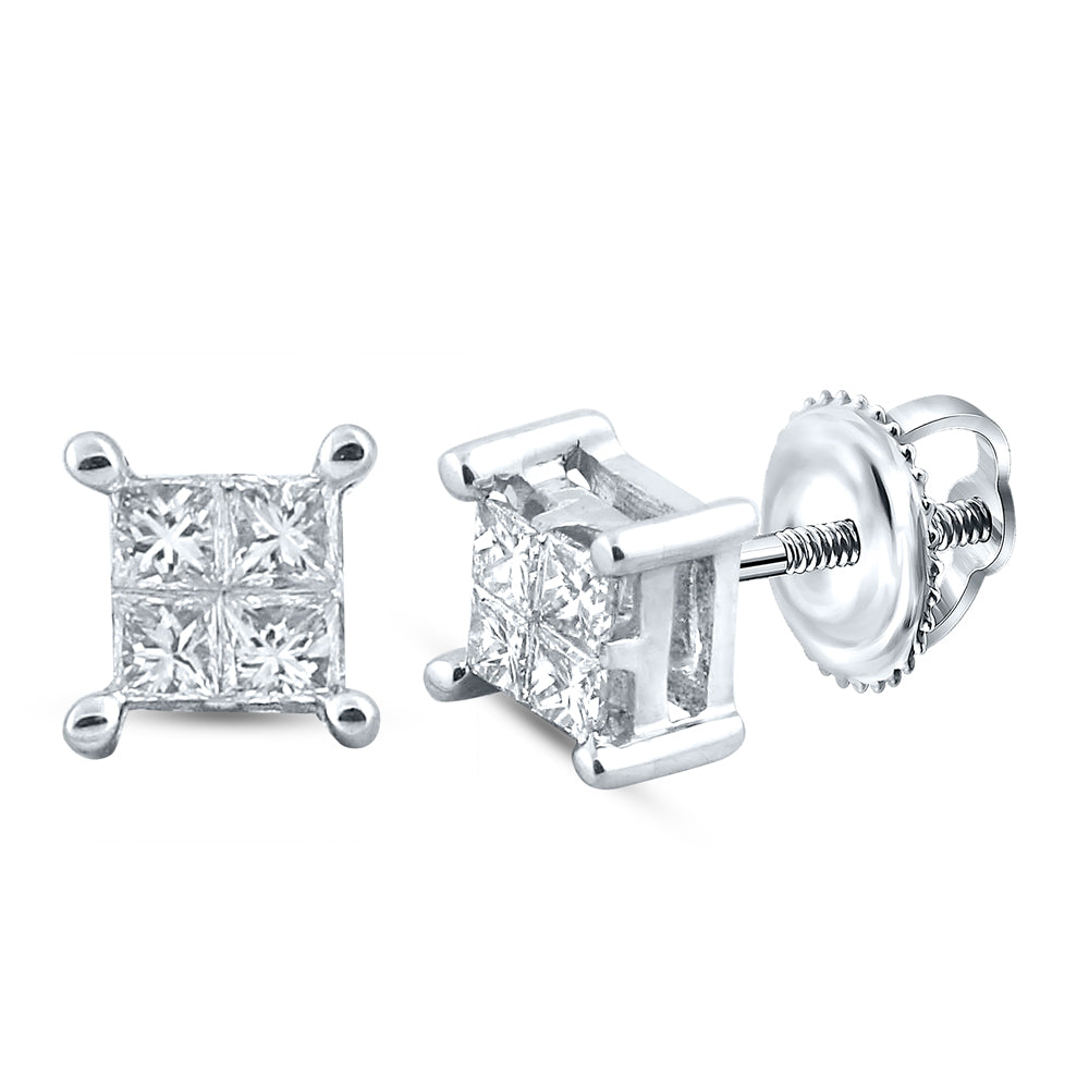 14kt White Gold Womens Princess Diamond Square Cluster Stud Earrings 1/4 Cttw