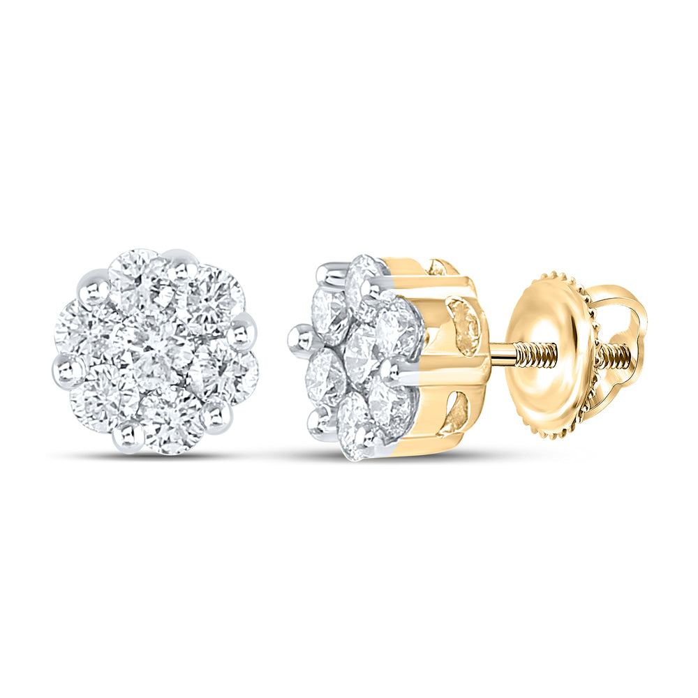 14kt Yellow Gold Womens Round Diamond Flower Cluster Stud Earrings 1.00 Cttw