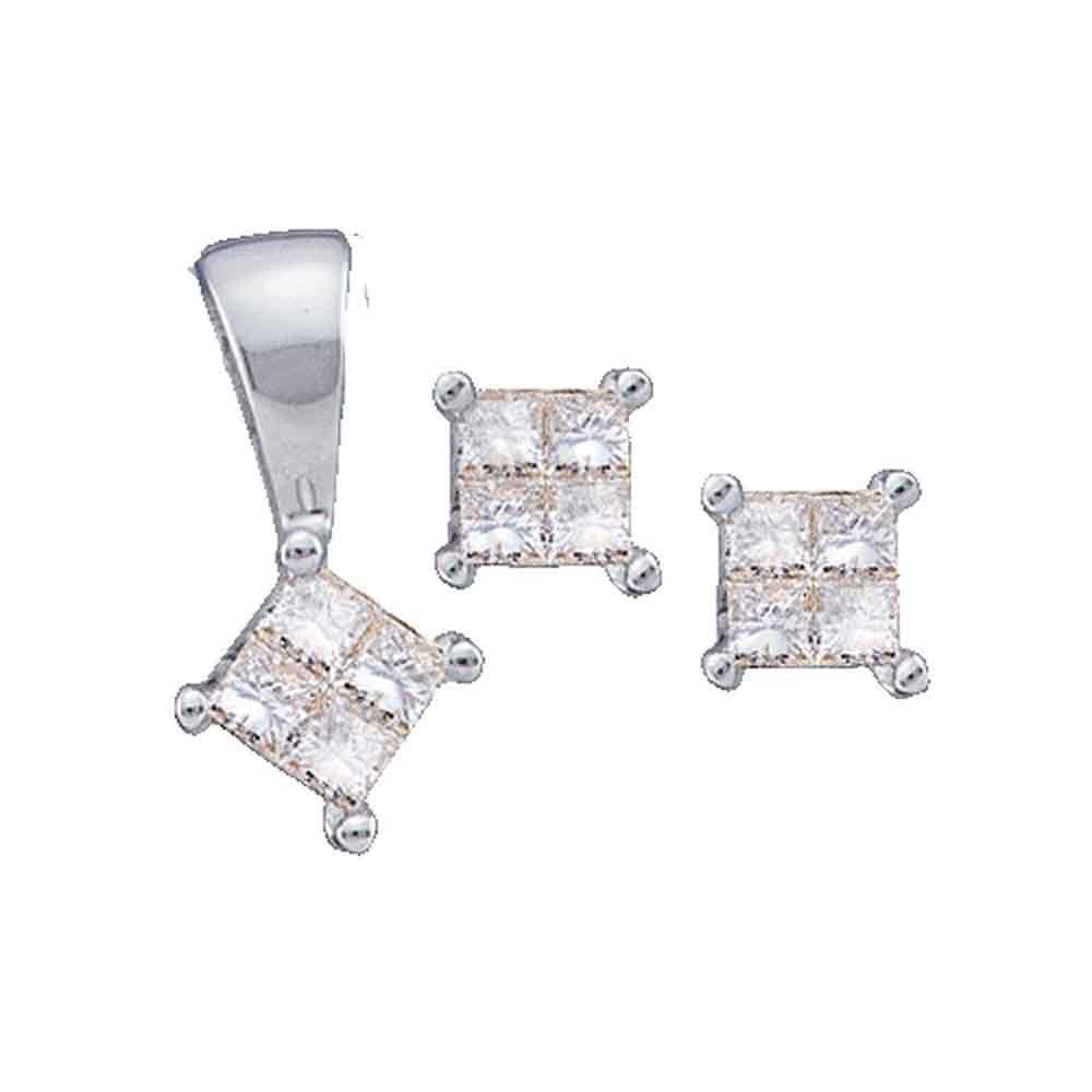 14kt White Gold Womens Princess Diamond Pendant and Princess Earrings 1/4 Cttw