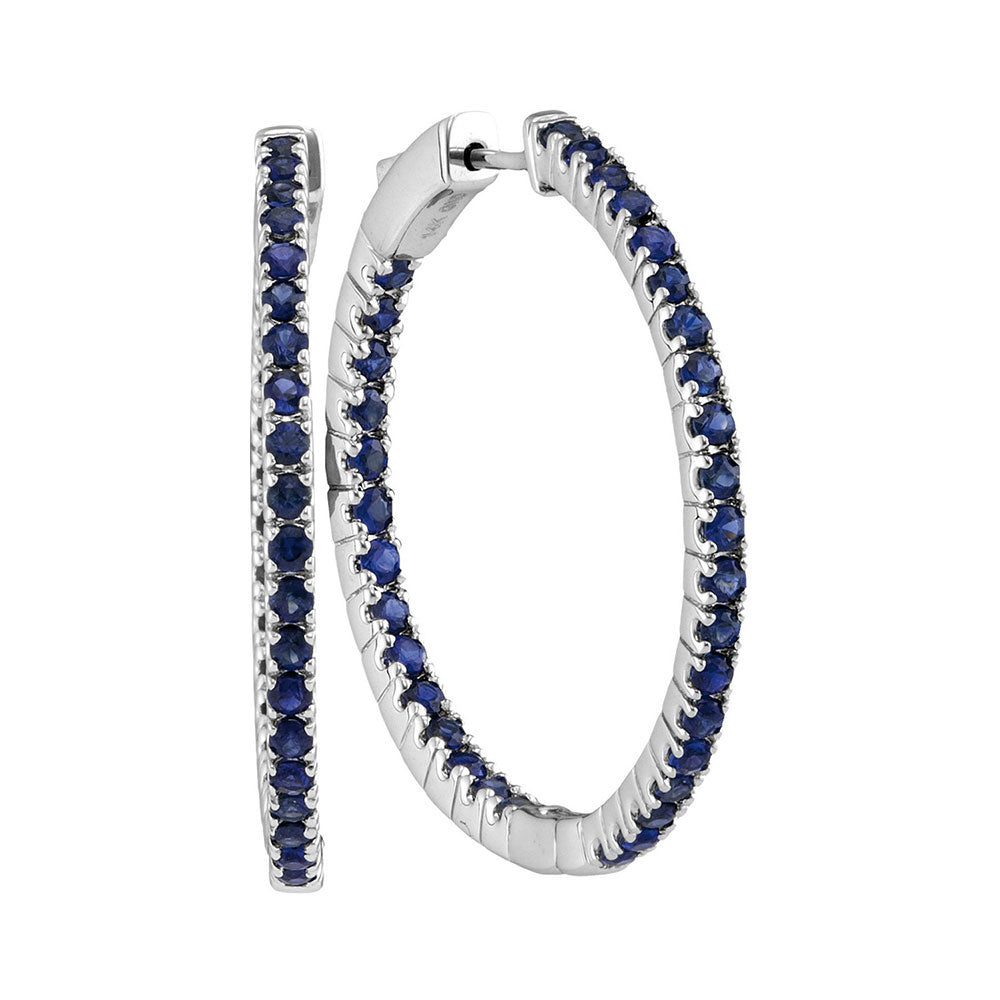 14kt White Gold Womens Round Blue Sapphire Hoop Earrings 2-3/4 Cttw