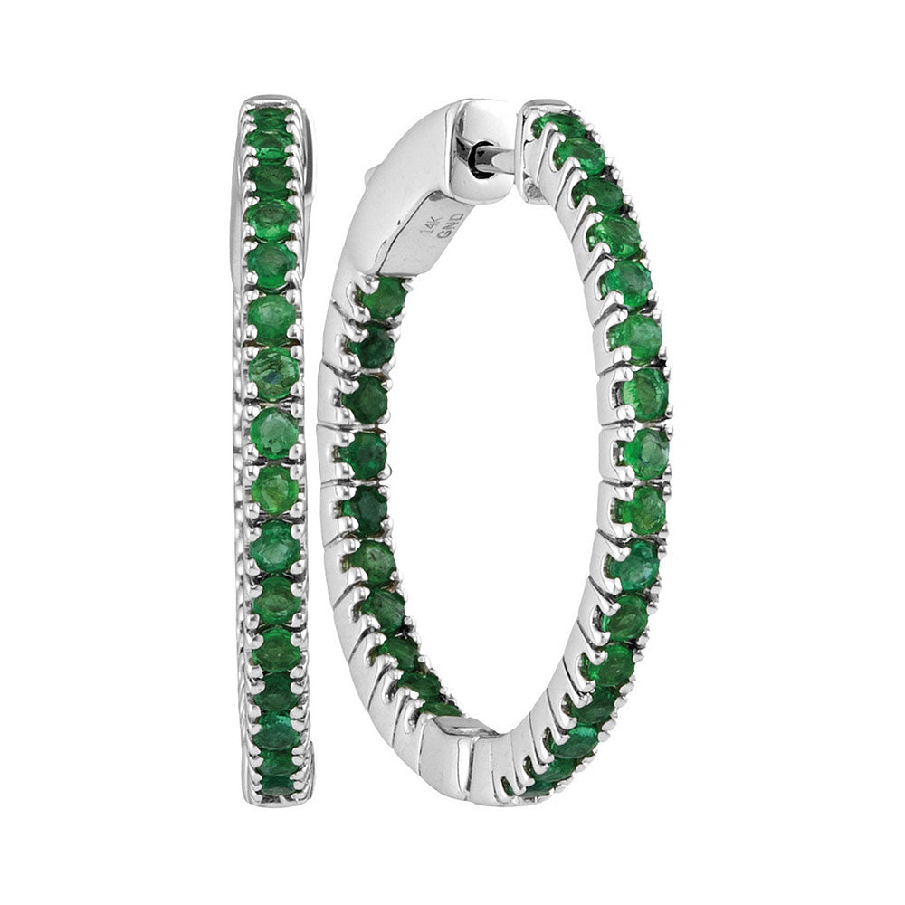 14kt White Gold Womens Round Natural Emerald Hoop Earrings 1-1/4 Cttw