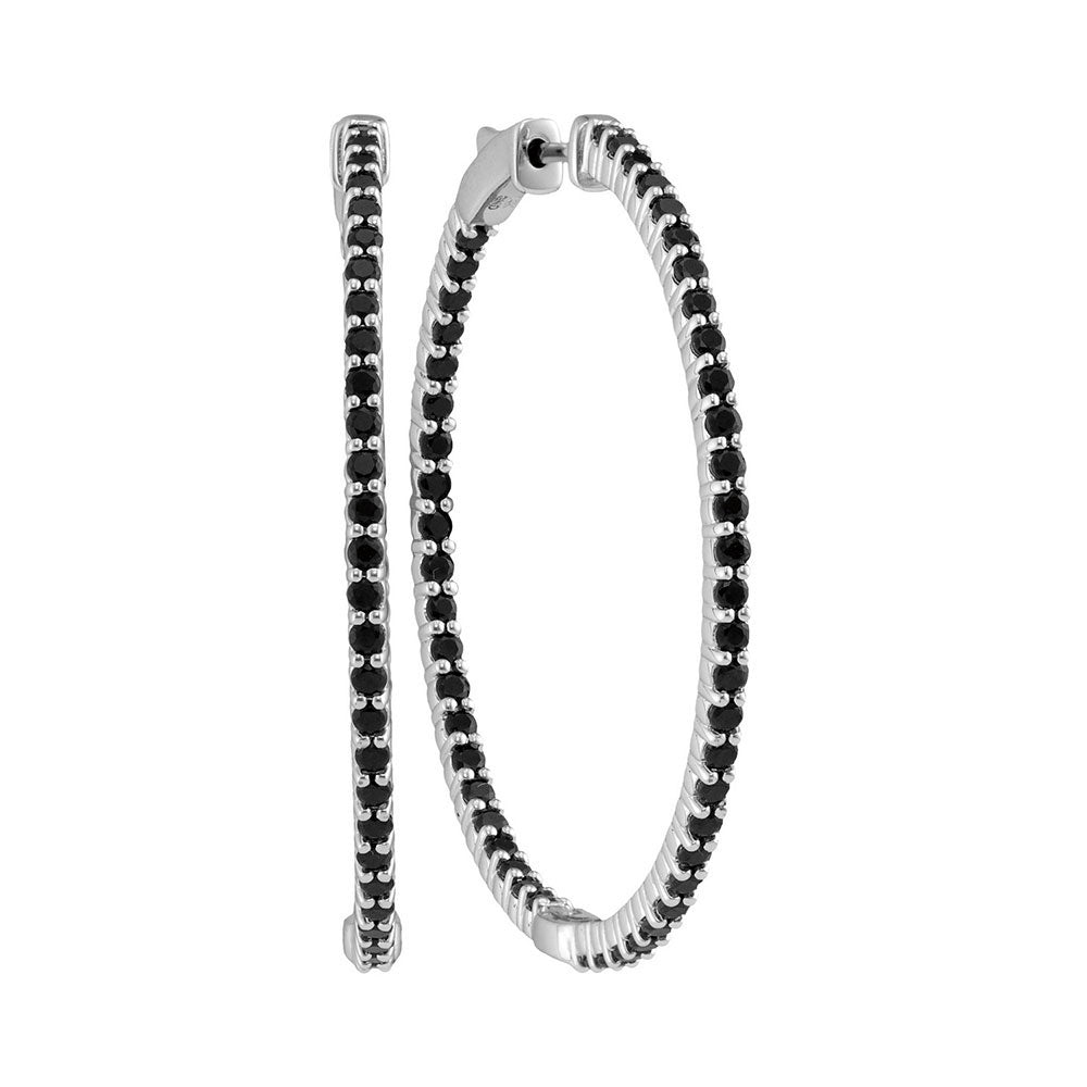 14kt White Gold Womens Round Pave-set Black Sapphire Inside Outside Hoop Earrings 3-3/4 Cttw