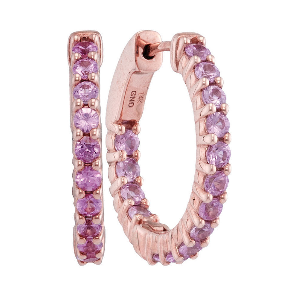 14kt Rose Gold Womens Round Natural Pink Sapphire Hoop Earrings 1-3/4 Cttw