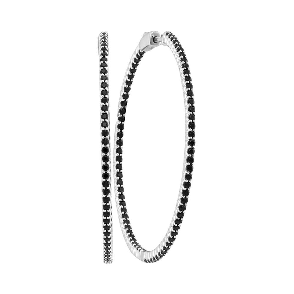 14kt White Gold Womens Round Natural Black Sapphire Slender Hoop Earrings 3-3/4 Cttw