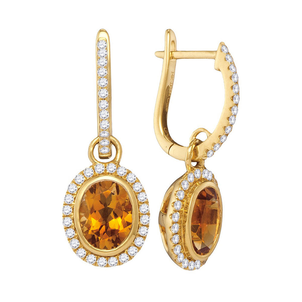 14kt Yellow Gold Womens Oval Citrine Diamond Frame Dangle Hoop Earrings 1-3/8 Cttw