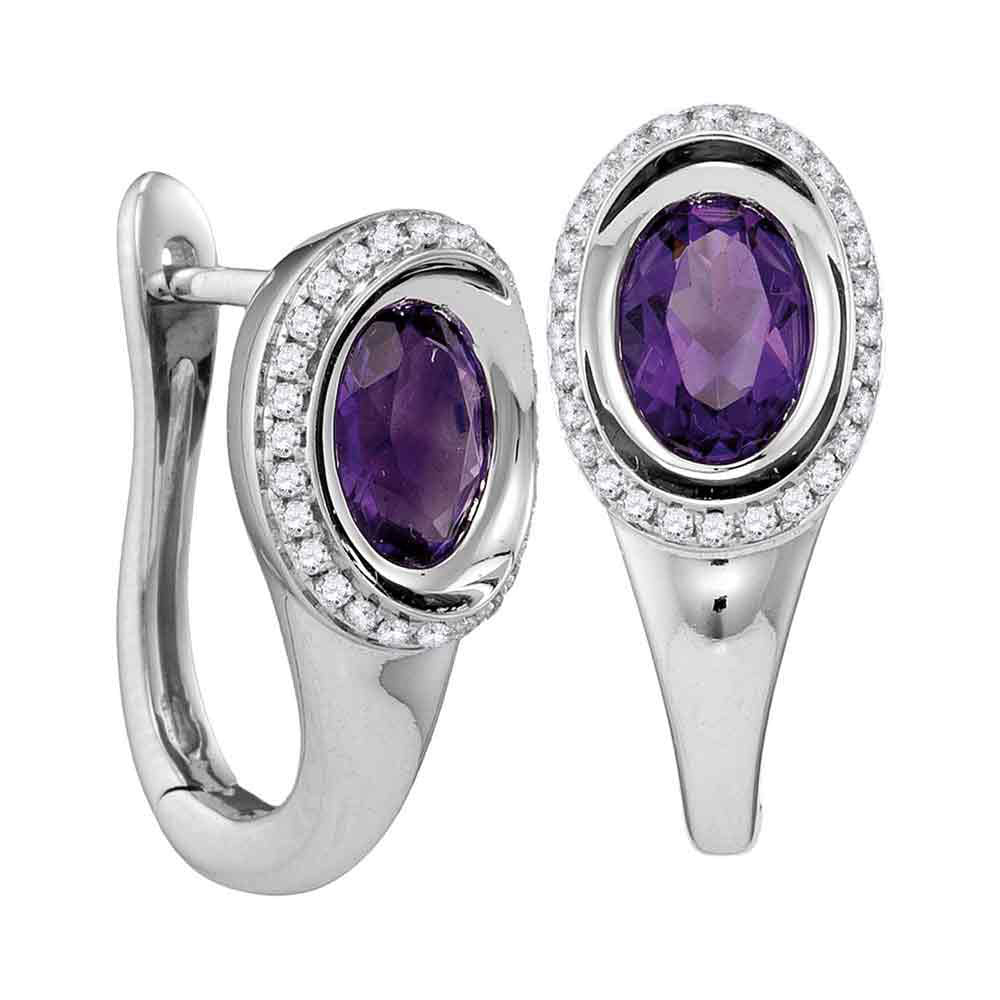 14kt White Gold Womens Oval Natural Amethyst Diamond Hoop Earrings 1/4 Cttw