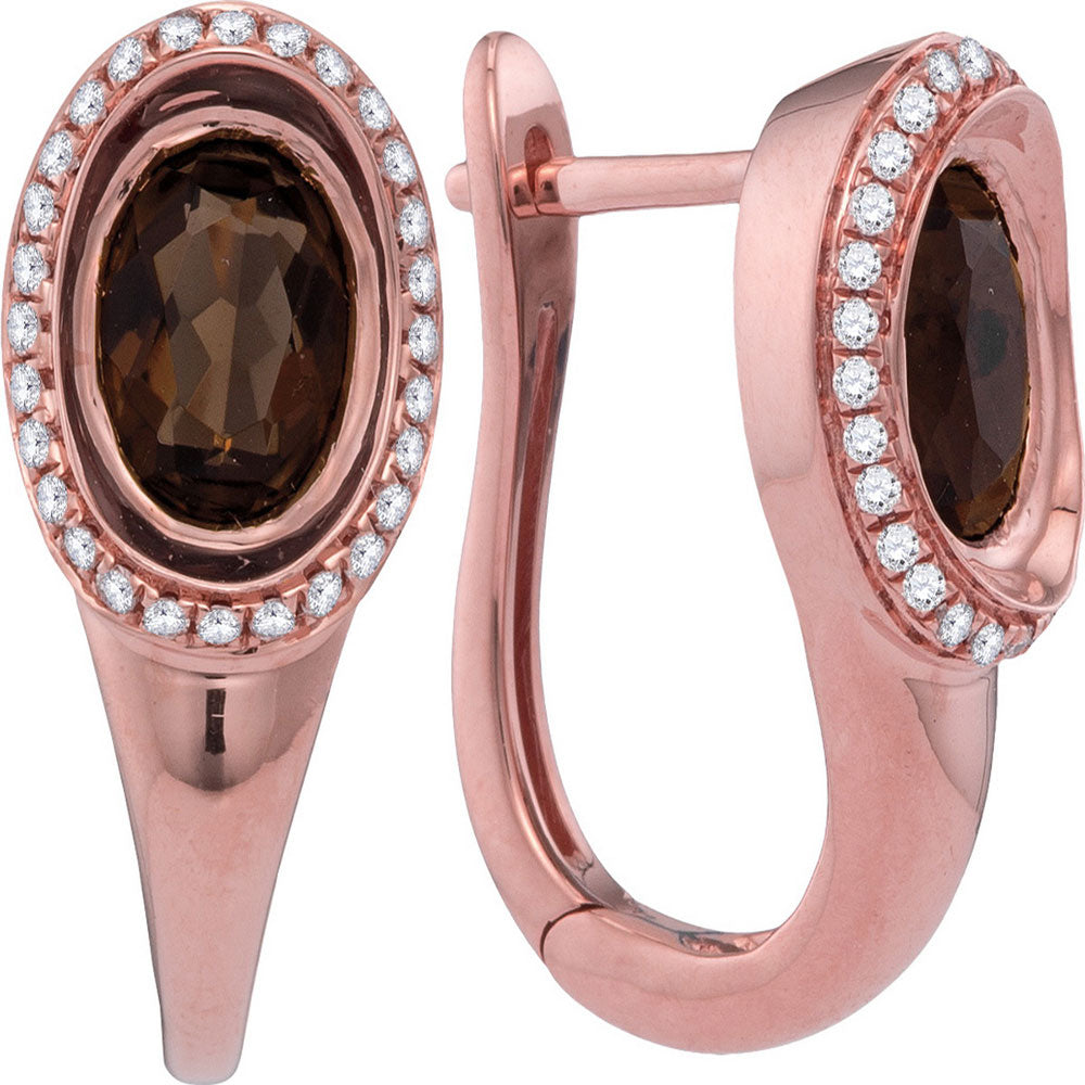 14kt Rose Gold Womens Oval Smoky Quartz Hoop Earrings 1-5/8 Cttw