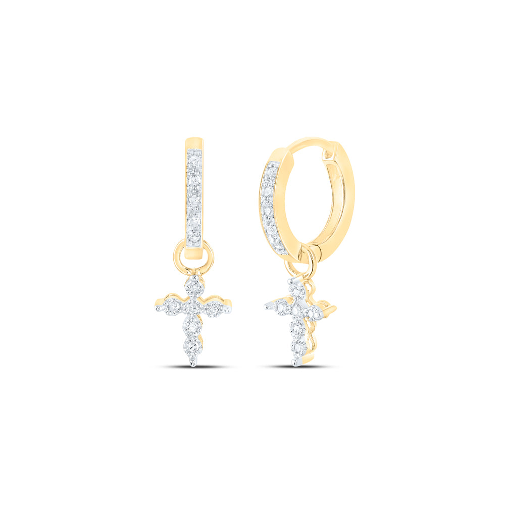 10kt Yellow Gold Womens Round Diamond Cross Dangle Hoop Earrings 1/10 Cttw