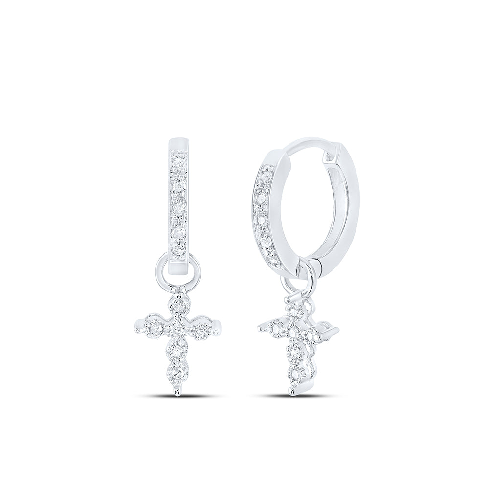 10kt White Gold Womens Round Diamond Cross Dangle Hoop Earrings 1/10 Cttw