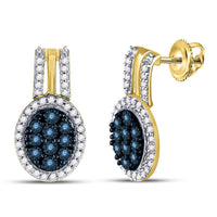 Load image into Gallery viewer, 10kt Yellow Gold Womens Color Enhanced Blue Diamond Oval Cluster Earrings 3/4 Cttw
