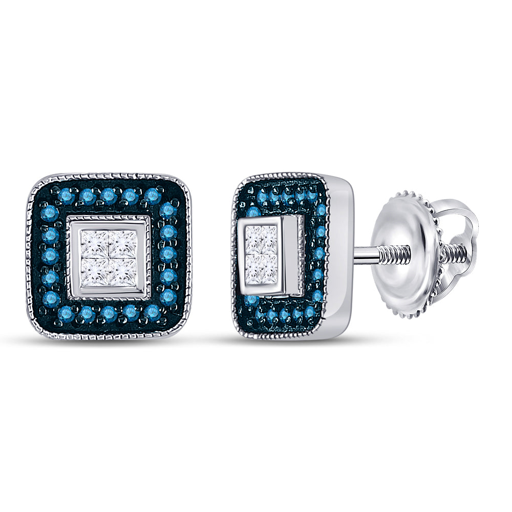 10kt White Gold Womens Round Blue Color Enhanced Diamond Square Frame Cluster Earrings 1/3 Cttw