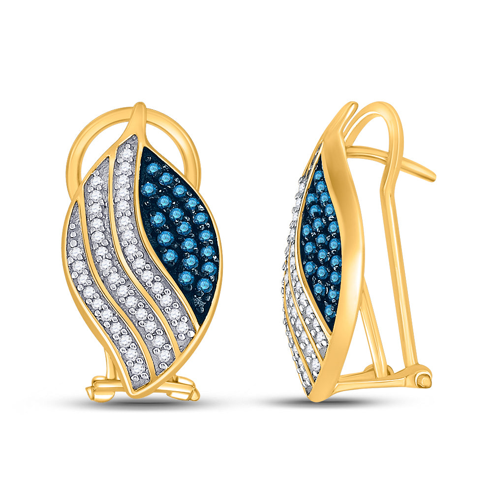 10kt Yellow Gold Womens Round Blue Color Enhanced Diamond Stripe Oval Cluster Earrings 1/2 Cttw