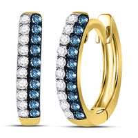 Load image into Gallery viewer, 10kt Yellow Gold Womens Round Blue Color Enhanced Diamond Huggie Earrings 1/5 Cttw
