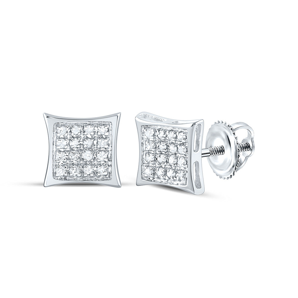 10kt White Gold Womens Round Diamond Square Kite Cluster Stud Earrings 1/10 Cttw