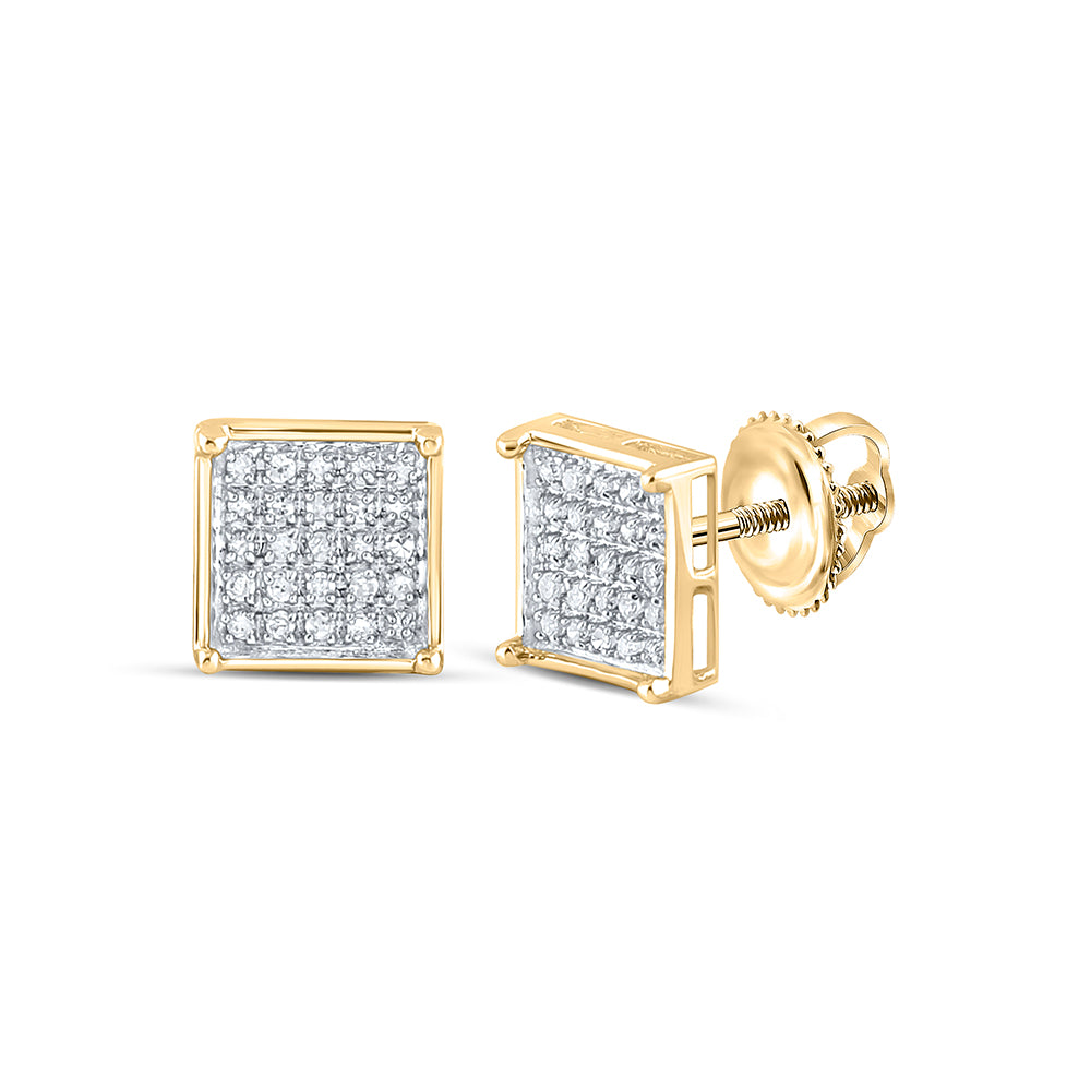 14kt Yellow Gold Unisex Round Diamond Square Cluster Stud Earrings 1/6 Cttw