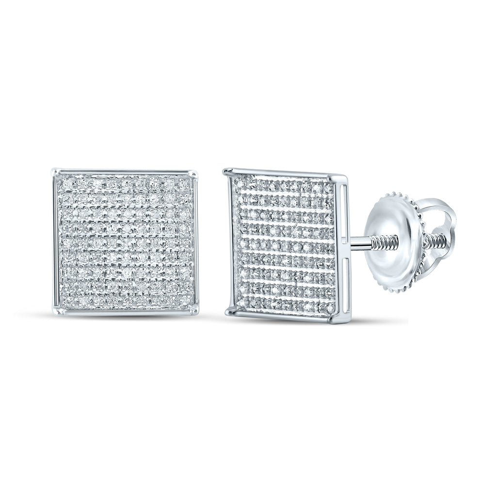 10kt White Gold Womens Round Pave-set Diamond Square Cluster Earrings 1/2 Cttw