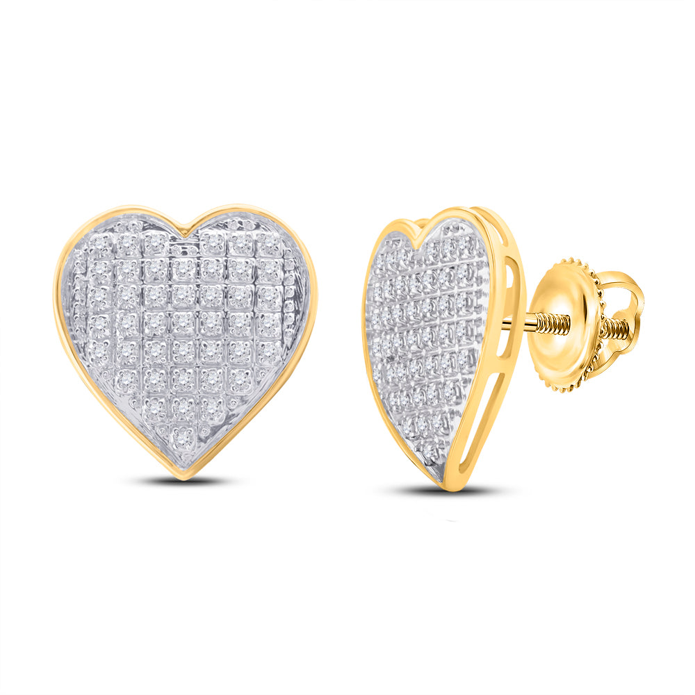 10kt Yellow Gold Womens Round Diamond Heart Cluster Screwback Earrings 1/4 Cttw