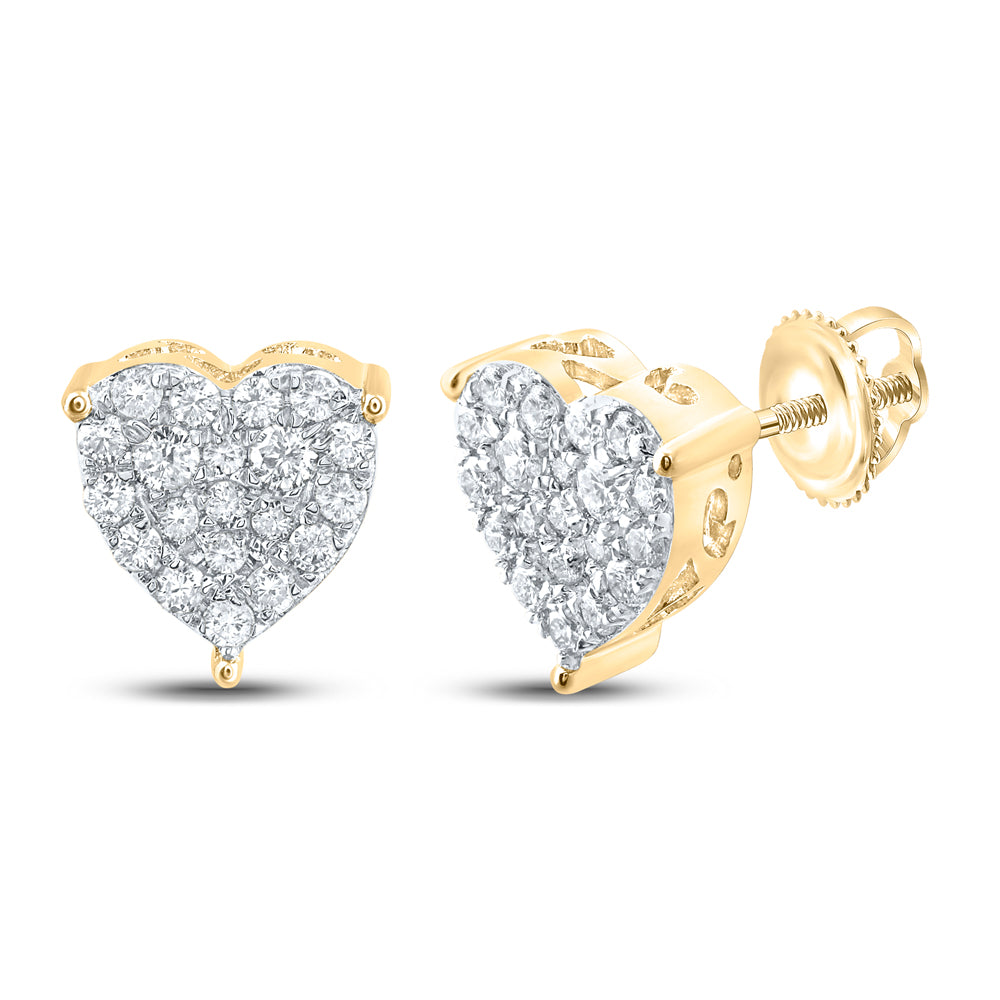 10kt Yellow Gold Womens Round Diamond Heart Cluster Stud Earrings 1/2 Cttw