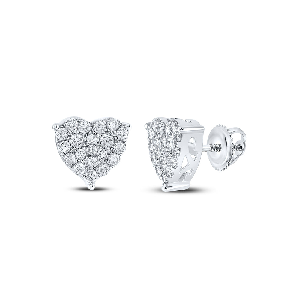 10kt White Gold Womens Round Diamond Heart Cluster Earrings 1.00 Cttw