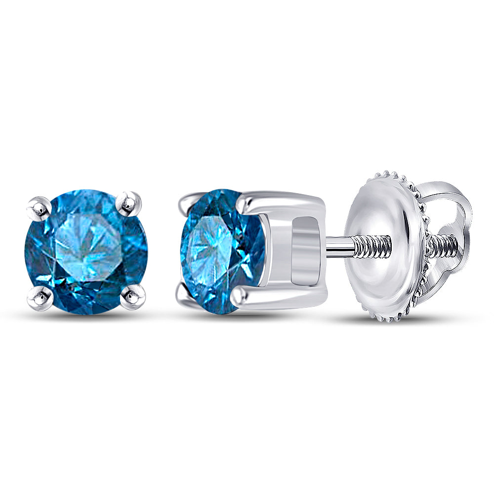 10k White Gold Womens Blue Color Enhanced Round Diamond Solitaire Screwback Stud Earrings 1/2 Cttw