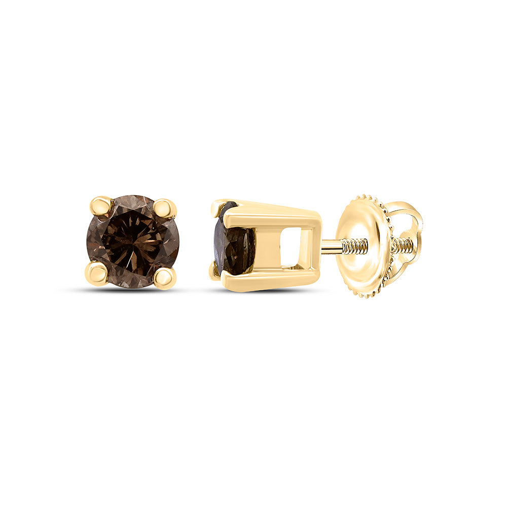 10kt Yellow Gold Womens Round Brown Diamond Solitaire Stud Earrings 1/4 Cttw