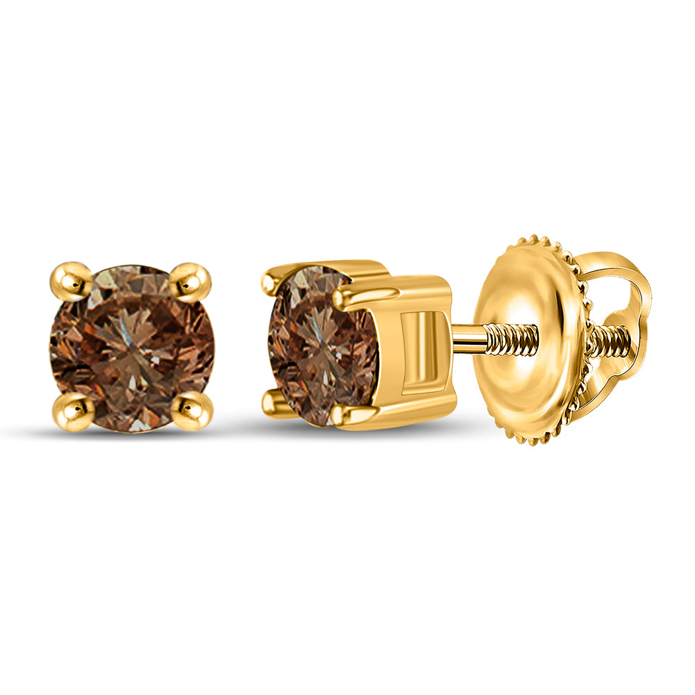 10kt Yellow Gold Womens Round Brown Diamond Solitaire Screwback Earrings 1.00 Cttw
