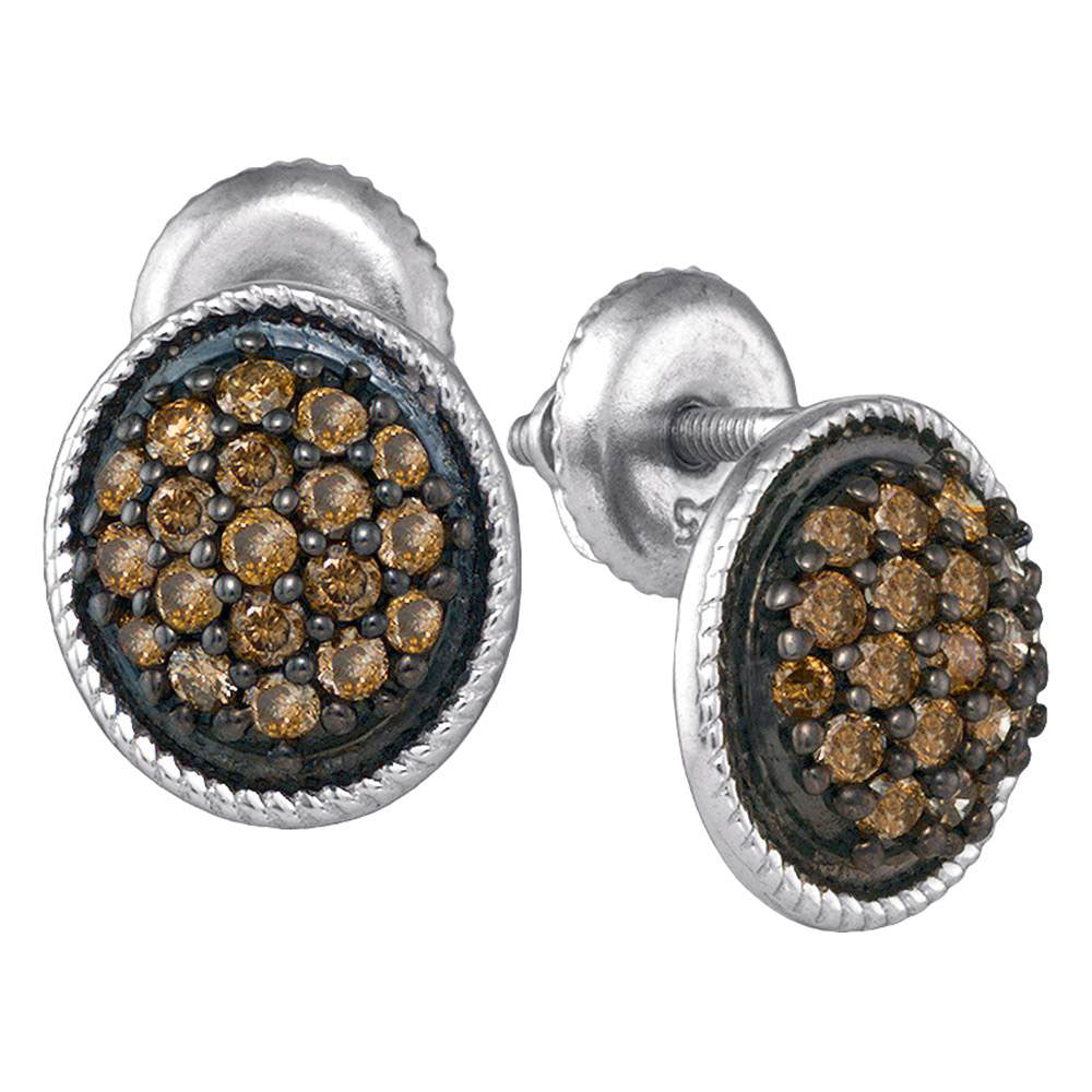 10kt White Gold Womens Round Brown Diamond Cluster Earrings 1/2 Cttw