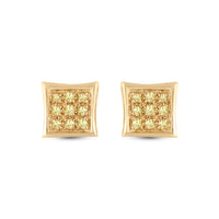 Load image into Gallery viewer, 10kt Yellow Gold Mens Round Yellow Color Enhanced Diamond Cluster Square Kite Earrings 1/20 Cttw
