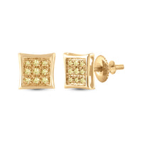 Load image into Gallery viewer, 10kt Yellow Gold Mens Round Yellow Color Enhanced Diamond Cluster Square Kite Earrings 1/20 Cttw
