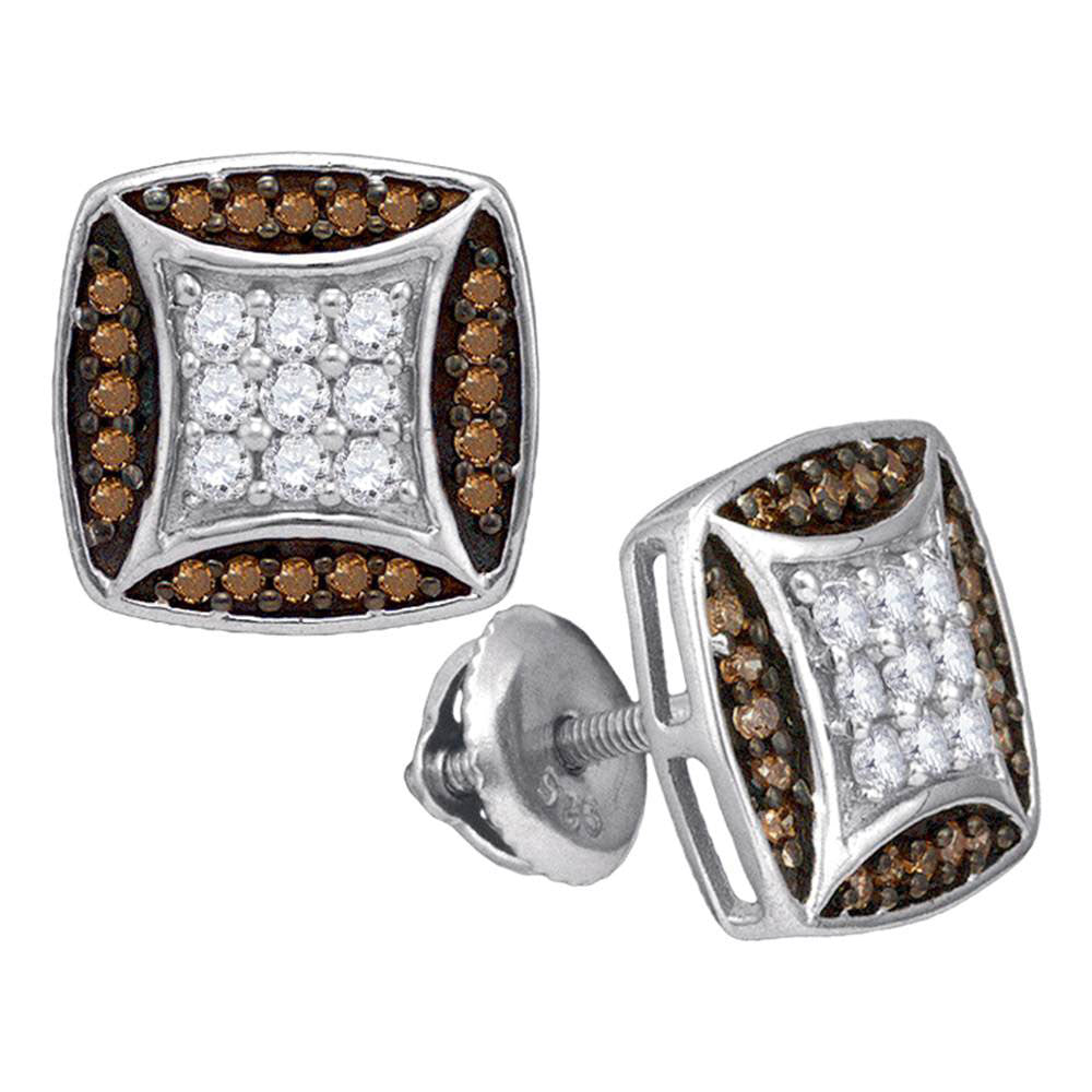 10kt White Gold Womens Round Brown Diamond Square Cluster Earrings 1/2 Cttw