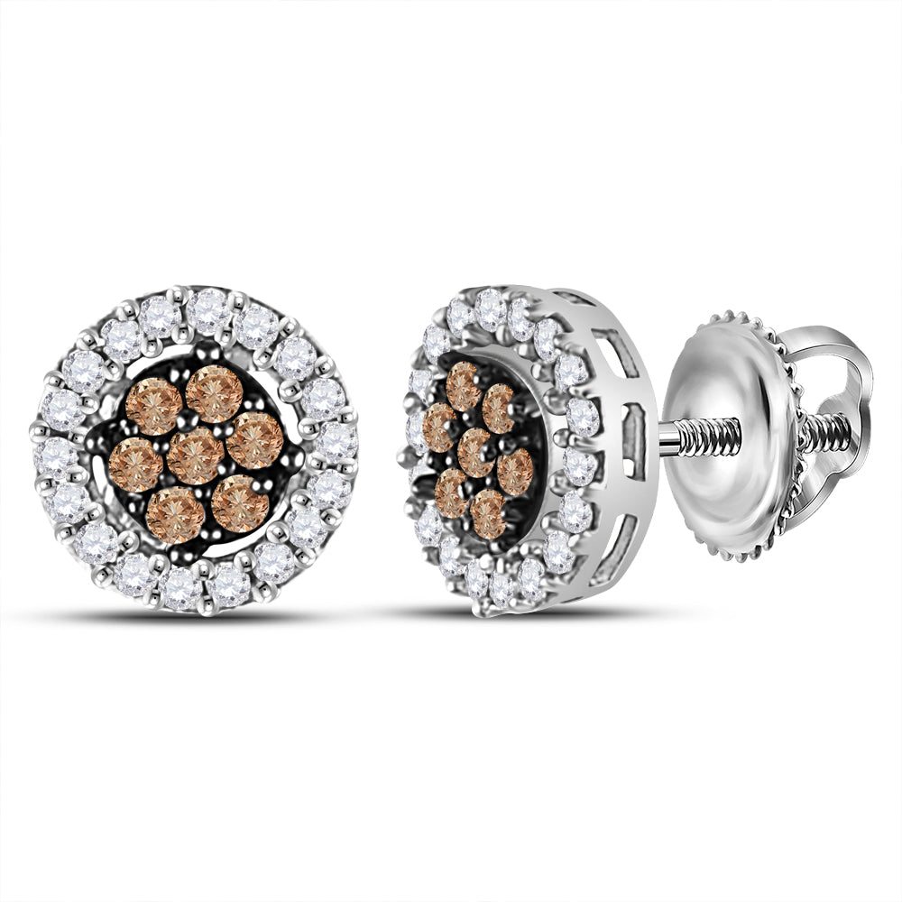 10k White Gold Womens Brown Diamond Flower Cluster Screwback Stud Earrings 1/4 Cttw
