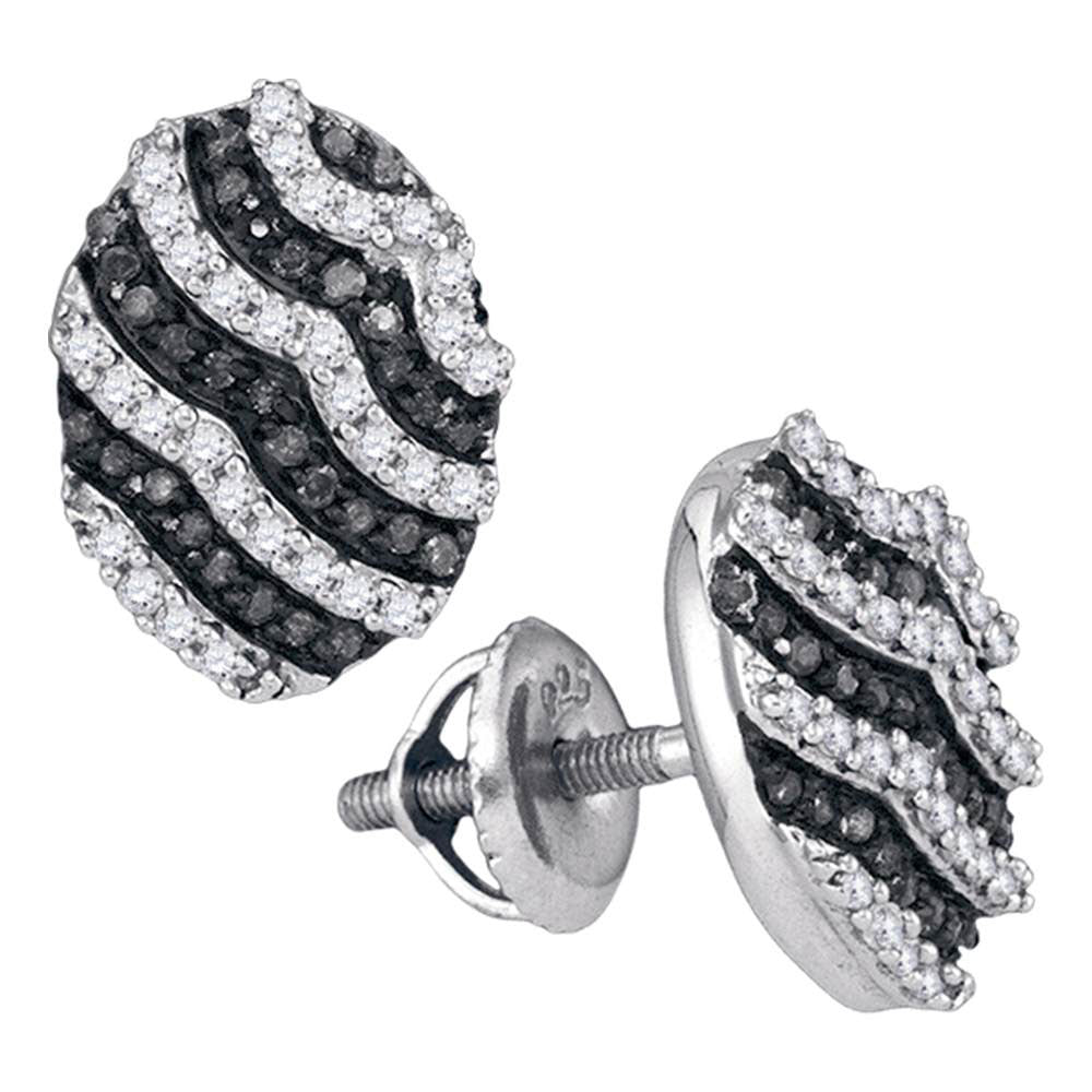 10kt White Gold Womens Round Black Color Enhanced Diamond Oval Stripe Cluster Earrings 1/2 Cttw