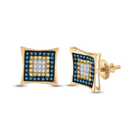 Load image into Gallery viewer, 10kt Yellow Gold Mens Yellow Blue Color Enhanced Diamond Square Cluster Earrings 1/3 Cttw
