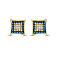 Load image into Gallery viewer, 10kt Yellow Gold Mens Yellow Blue Color Enhanced Diamond Square Cluster Earrings 1/3 Cttw
