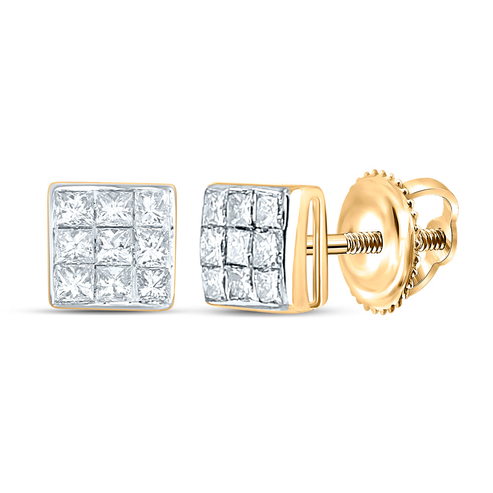14kt Yellow Gold Womens Princess Diamond Square Cluster Stud Earrings 1/4 Cttw