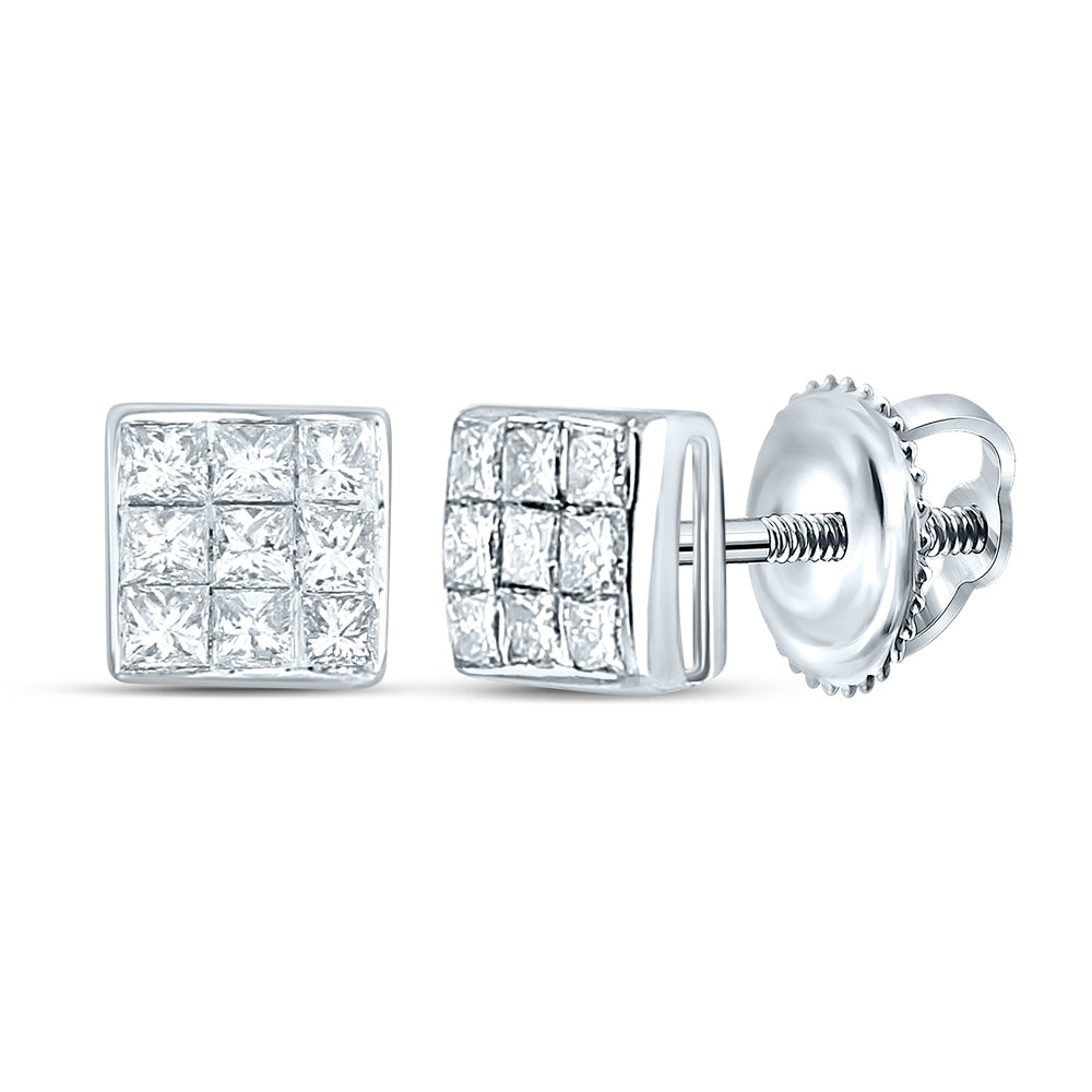 14kt White Gold Womens Princess Diamond Square Cluster Stud Earrings 1/4 Cttw