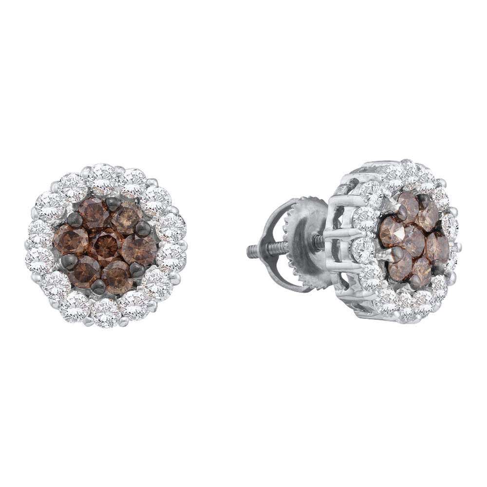 14kt White Gold Womens Round Brown Diamond Flower Cluster Earrings 1-1/2 Cttw