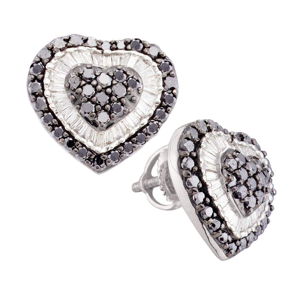 14kt White Gold Womens Round Black Color Enhanced Diamond Heart Cluster Screwback Earrings 1-1/2 Cttw