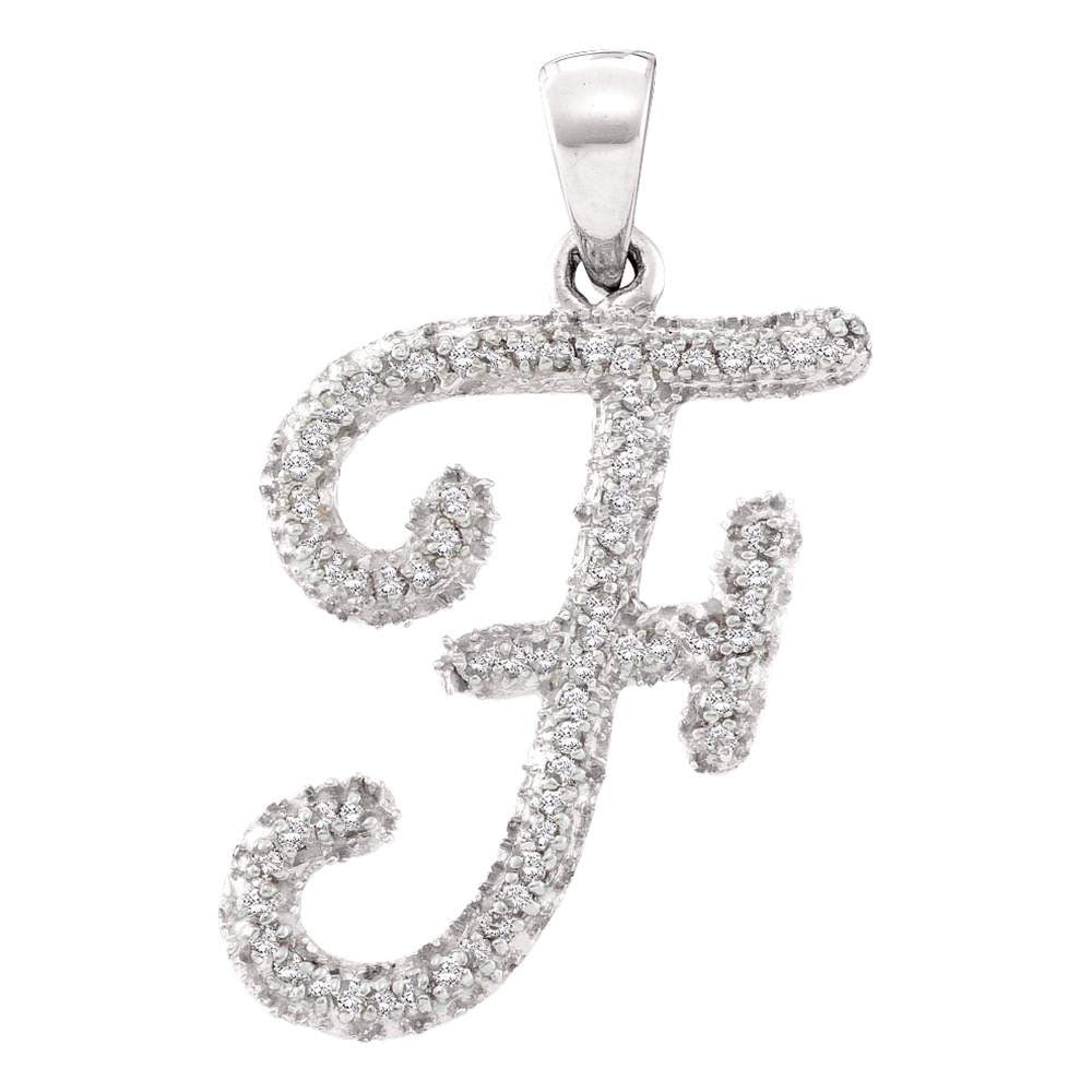 10kt White Gold Womens Round Diamond Cursive Letter F Pendant 1/5 Cttw