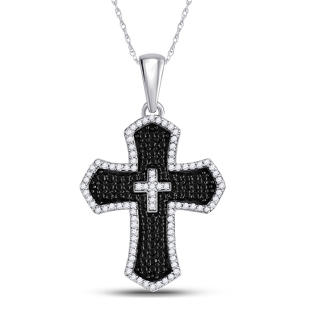 14kt White Gold Mens Round Black Color Enhanced Diamond Cross Charm Pendant 3/4 Cttw