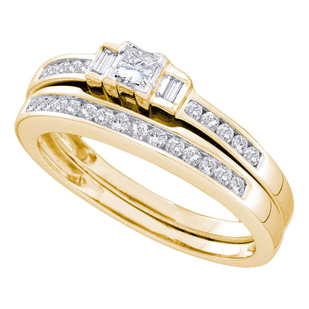14kt Yellow Gold Womens Princess Diamond Bridal Wedding Engagement Ring Band Set 1/2 Cttw