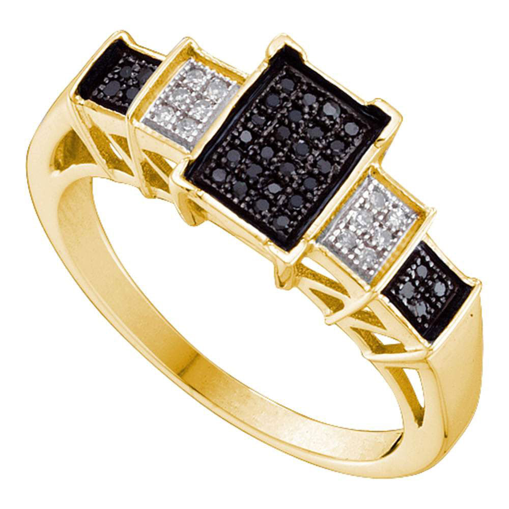 10kt Yellow Gold Womens Round Black Color Enhanced Diamond Rectangle Cluster Ring 1/6 Cttw