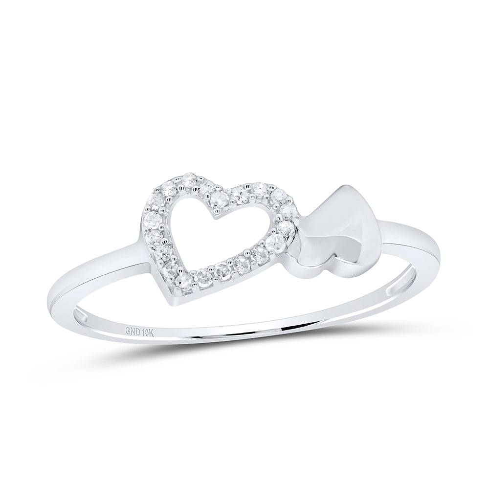 10kt White Gold Womens Round Diamond Slender Double Heart Ring 1/20 Cttw