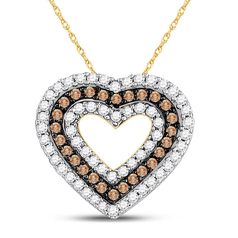 14kt Yellow Gold Womens Round Brown Diamond Heart Outline Pendant 3/4 Cttw