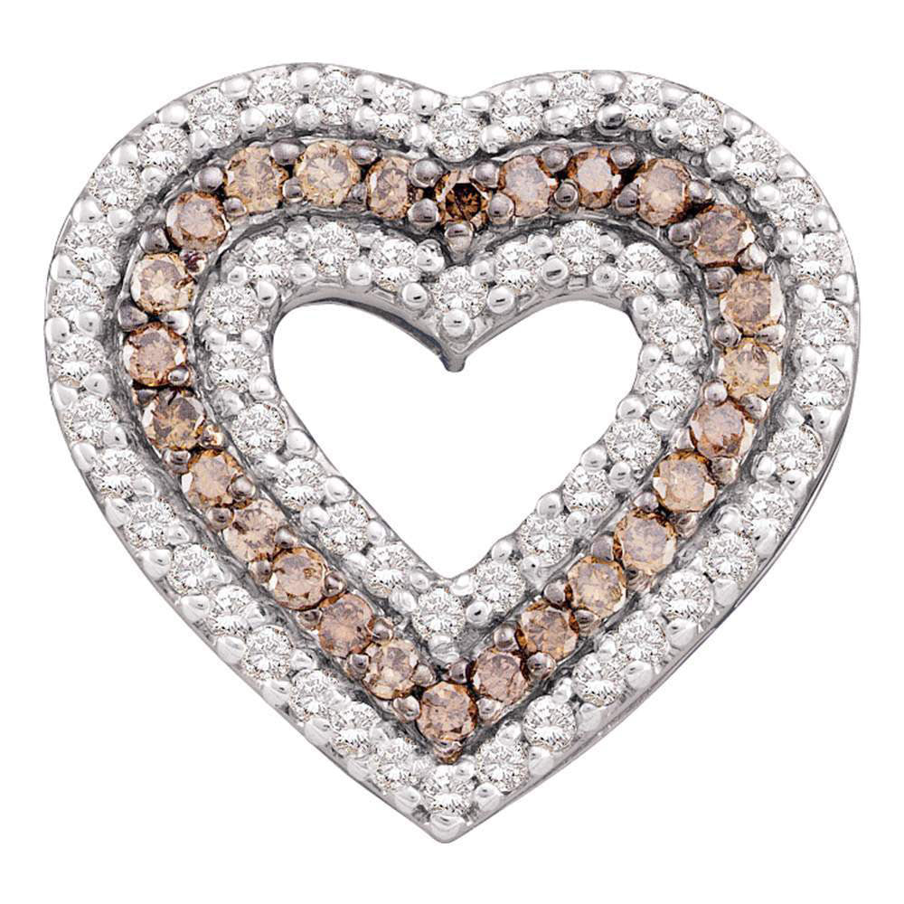14kt White Gold Womens Round Brown Diamond Heart Outline Pendant 3/4 Cttw