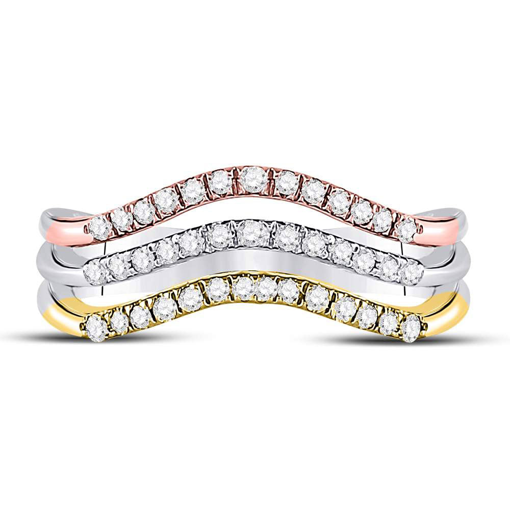 10kt Tri-Tone Gold Womens Round Diamond Triple Row Band Ring 1/12 Cttw