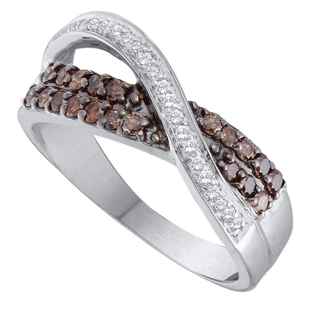 14kt White Gold Womens Round Brown Diamond Crossover Band Ring 1/2 Cttw