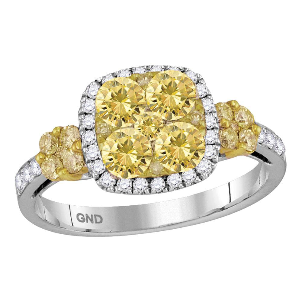 18kt White Gold Womens Round Yellow Diamond Square Cluster Ring 1-1/2 Cttw