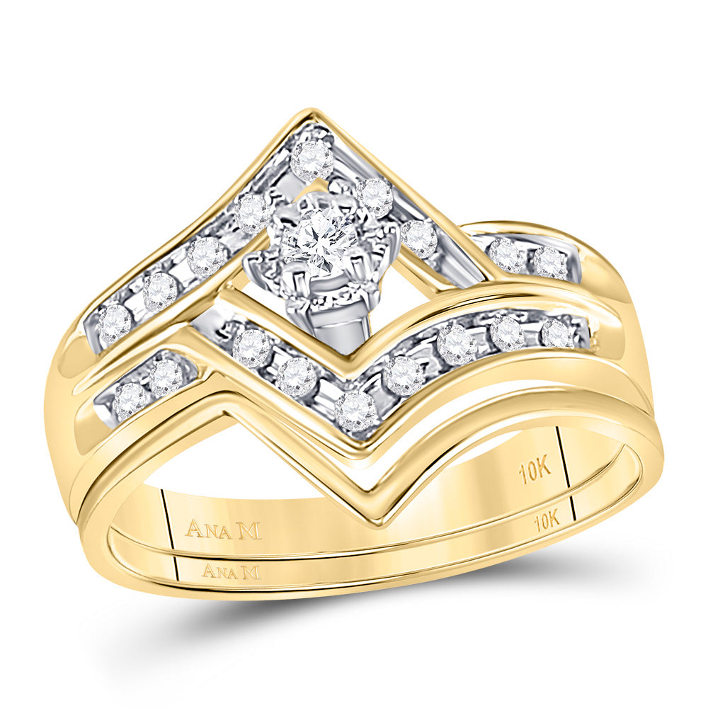 10kt Yellow Gold Womens Round Diamond Chevron Bridal Wedding Engagement Ring Band Set 1/4 Cttw