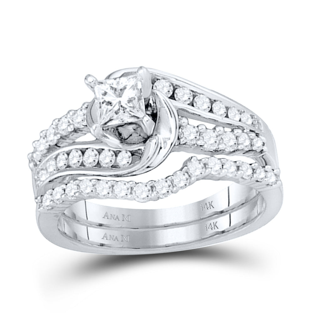 14kt White Gold Womens Princess Diamond Bridal Wedding Engagement Ring Band Set 1.00 Cttw
